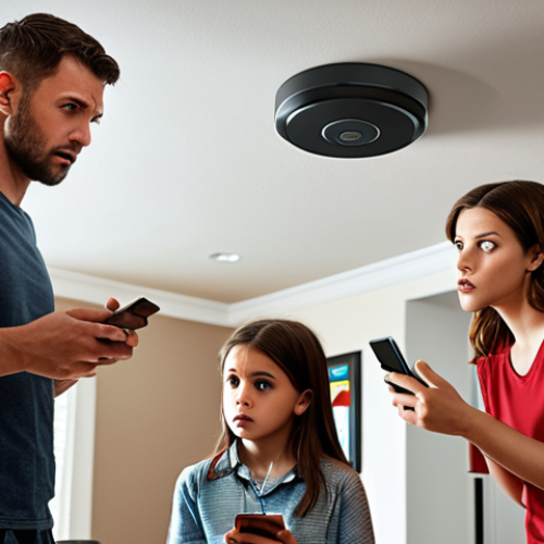 **

A modern home interior featuring a smart smoke detector prominently displayed on the ceiling. The scene should depict a family looking at their smartphones with concerned expressions, receiving an alert about potential smoke. The image should convey a sense of safety and awareness provided by IoT fire detection.

**