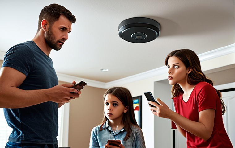 **
A modern home interior featuring a smart smoke detector prominently displayed on the ceiling. The scene should depict a family looking at their smartphones with concerned expressions, receiving an alert about potential smoke. The image should convey a sense of safety and awareness provided by IoT fire detection.
**