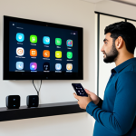 A professional, young Arab man, fully clothed in modest, modern casual wear, standing in a contemporary smart home living room. He holds a smartphone with multiple diverse app icons visible on the screen, reflecting the challenge of managing disparate smart devices. Around him are various smart home gadgets from different brands: a smart light bulb, a wall-mounted thermostat, and a smart speaker, subtly indicating different ecosystems. The room is well-lit, designed with clean lines, conveying a sense of modern living that is slightly complex due to technology. The man's expression is one of slight concentration or mild consideration. Perfect anatomy, correct proportions, natural pose, well-formed hands, proper finger count. safe for work, appropriate content, fully clothed, family-friendly, professional photography, high quality, detailed, sharp focus.