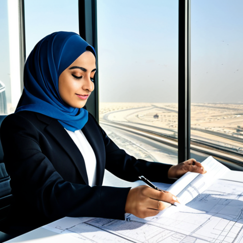 **Image Prompt:** A successful Arab architect in a modern, sunlit office in Dubai, reviewing blueprints. She is wearing a modest, professional business suit and hijab. The office features sleek designs and large windows overlooking the city skyline. Perfect anatomy, well-formed hands, appropriate attire, safe for work, professional, high quality.