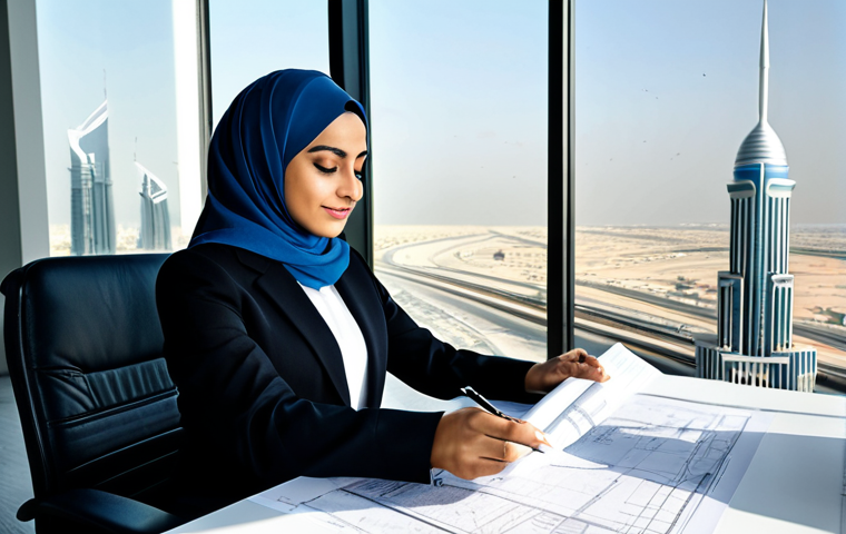**Image Prompt:** A successful Arab architect in a modern, sunlit office in Dubai, reviewing blueprints. She is wearing a modest, professional business suit and hijab. The office features sleek designs and large windows overlooking the city skyline. Perfect anatomy, well-formed hands, appropriate attire, safe for work, professional, high quality.