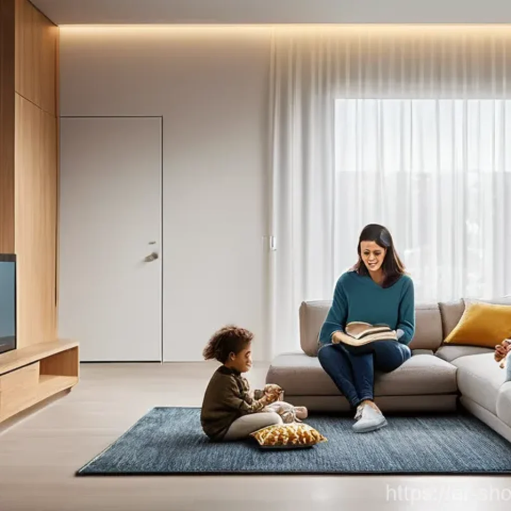 스마트홈에서의 가족 안전 관리 시스템 구축 - **Prompt:** A cozy and inviting living room in a modern Arab smart home. A relaxed mother, dressed i...