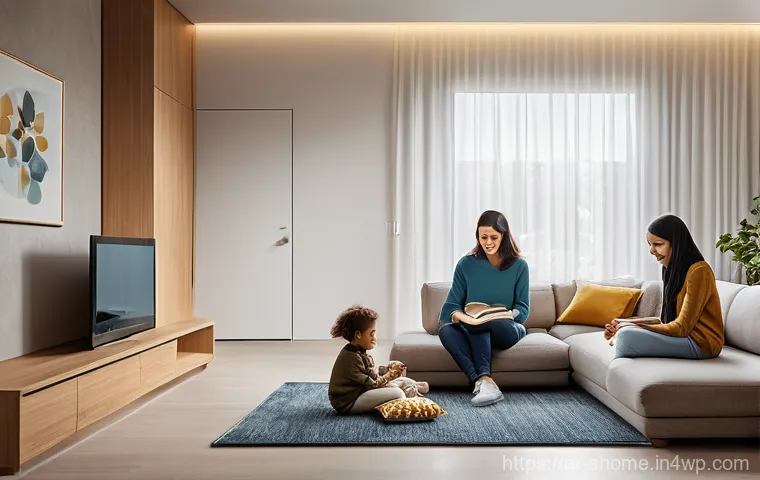 스마트홈에서의 가족 안전 관리 시스템 구축 - **Prompt:** A cozy and inviting living room in a modern Arab smart home. A relaxed mother, dressed i...