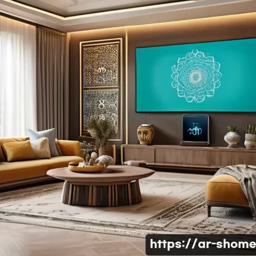 스마트홈 구축을 위한 비즈니스 모델 개발 - A modern Middle Eastern family living room scene showcasing a large, multigenerational Arab family u...