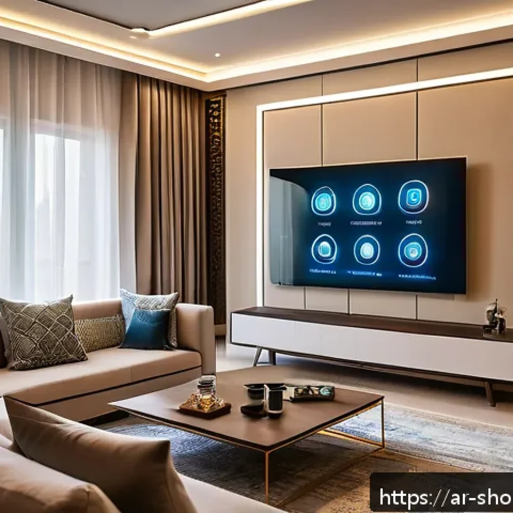 스마트홈 리모컨 활용법 및 추천 제품 - A modern Arabic living room with a smart home remote control device on a sleek coffee table, surroun...
