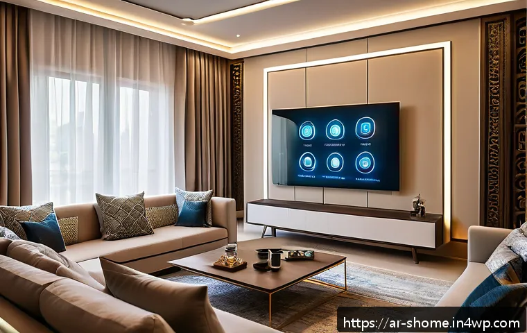스마트홈 리모컨 활용법 및 추천 제품 - A modern Arabic living room with a smart home remote control device on a sleek coffee table, surroun...