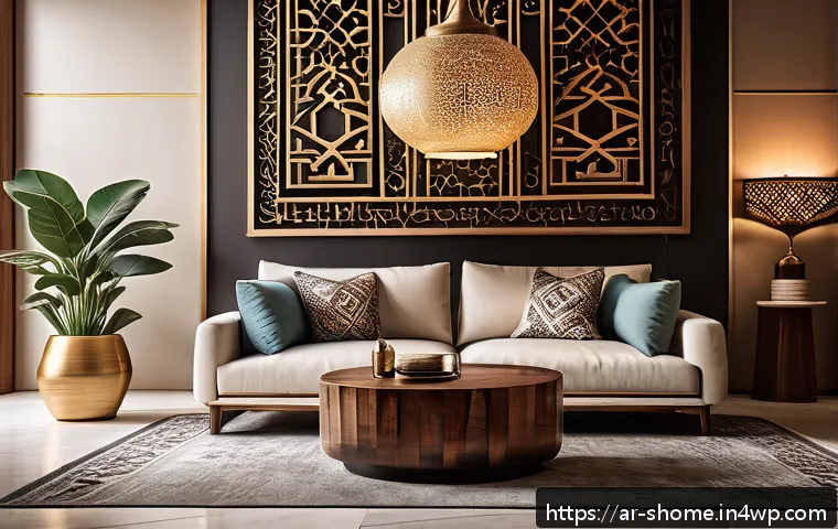 스마트 조명 시스템의 설치 및 활용법 - A modern living room in a stylish Arabic home at dusk, featuring smart Wi-Fi LED light bulbs install...