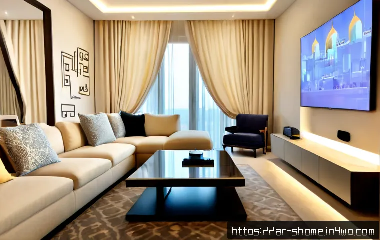 스마트홈의 이점과 단점 분석 - Photorealistic modern smart home living room in an Arab family apartment, a Middle Eastern couple co...