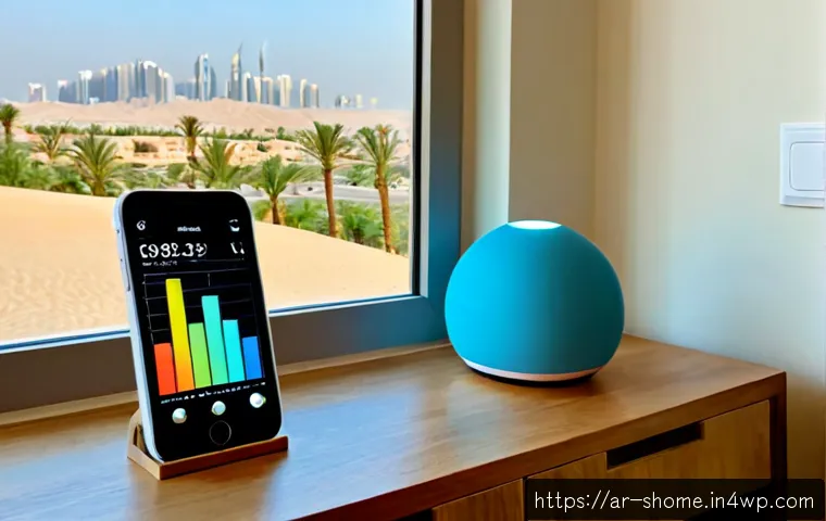 Home 17 IoT 기기를 활용한 환경 모니터링 시스템 - Photorealistic smart home environmental monitoring scene in a modern Gulf Arab apartment, a small wi...